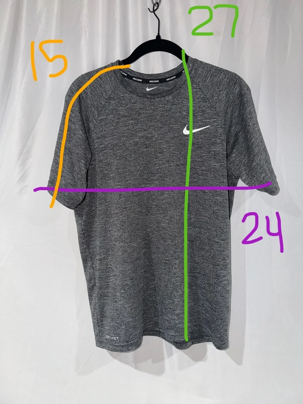Nike Swim Shirt Heather Charcoal Short Sleeve Dri-FIT Tee White Swoosh Crewneck